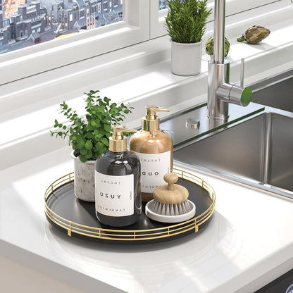 10-Inch Oak Lazy Susan Countertop Organizer with Black Metal Rail | Rotating oak tray organizes spices, toiletries and decor on kitchen counters, bathroom vanities, dining and coffee tables.