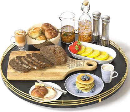 10-Inch Oak Lazy Susan Countertop Organizer with Black Metal Rail | Rotating oak tray organizes spices, toiletries and decor on kitchen counters, bathroom vanities, dining and coffee tables.
