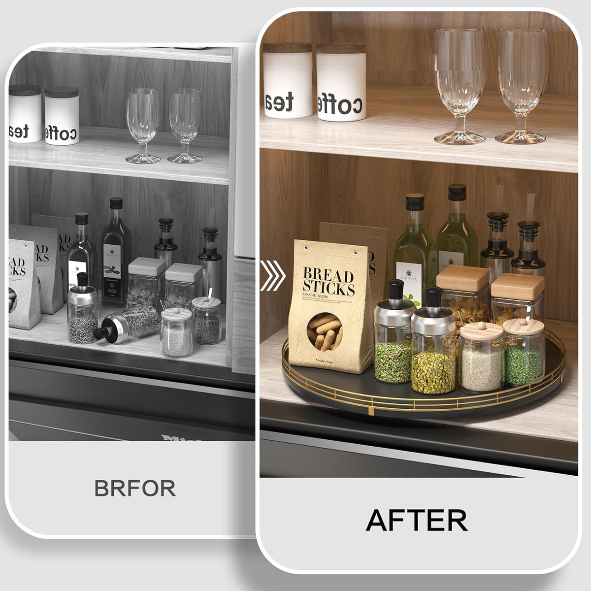 10-Inch Oak Lazy Susan Countertop Organizer with Black Metal Rail | Rotating oak tray organizes spices, toiletries and decor on kitchen counters, bathroom vanities, dining and coffee tables.