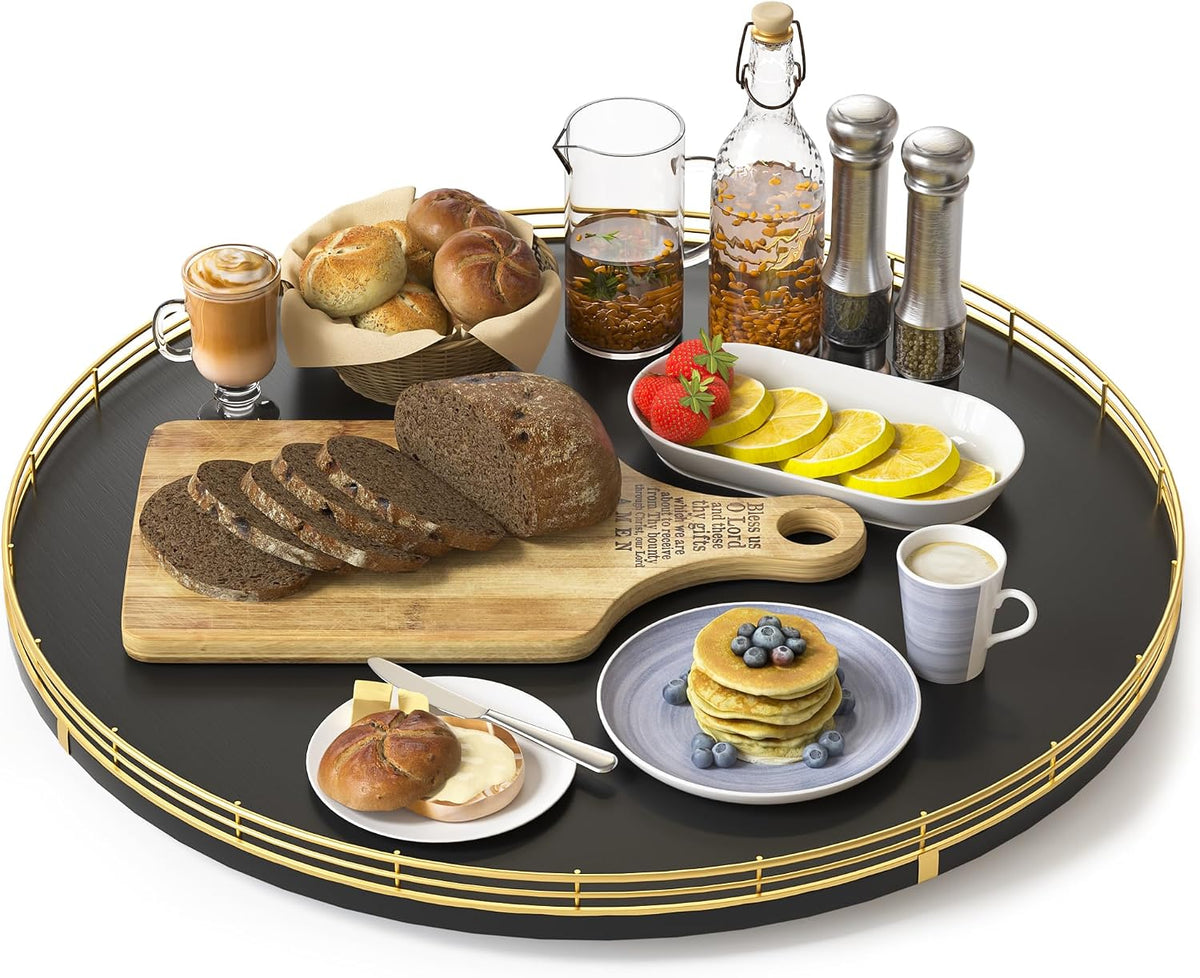 10-Inch Oak Lazy Susan Countertop Organizer with Black Metal Rail | Rotating oak tray organizes spices, toiletries and decor on kitchen counters, bathroom vanities, dining and coffee tables.
