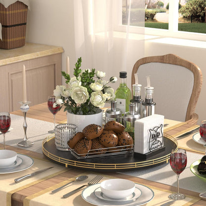 10-Inch Oak Lazy Susan Countertop Organizer with Black Metal Rail | Rotating oak tray organizes spices, toiletries and decor on kitchen counters, bathroom vanities, dining and coffee tables.