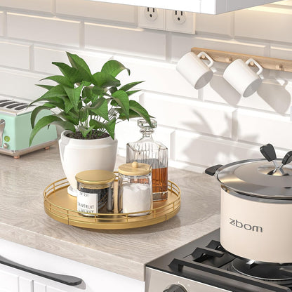 10-Inch Oak Lazy Susan Countertop Organizer with Black Metal Rail | Rotating oak tray organizes spices, toiletries and decor on kitchen counters, bathroom vanities, dining and coffee tables.
