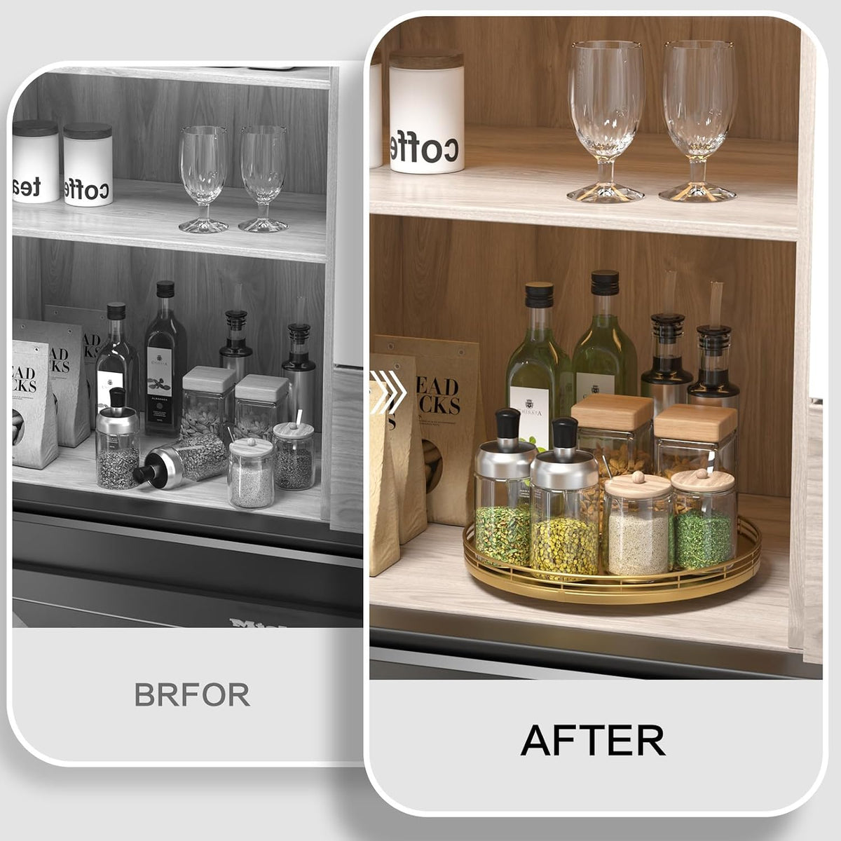10-Inch Oak Lazy Susan Countertop Organizer with Black Metal Rail | Rotating oak tray organizes spices, toiletries and decor on kitchen counters, bathroom vanities, dining and coffee tables.