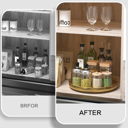 10-Inch Oak Lazy Susan Countertop Organizer with Black Metal Rail | Rotating oak tray organizes spices, toiletries and decor on kitchen counters, bathroom vanities, dining and coffee tables.