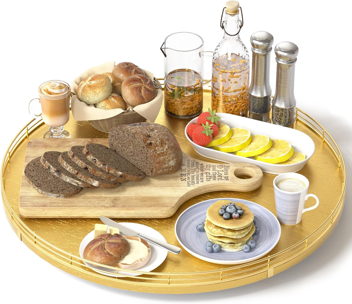 10-Inch Oak Lazy Susan Countertop Organizer with Black Metal Rail | Rotating oak tray organizes spices, toiletries and decor on kitchen counters, bathroom vanities, dining and coffee tables.