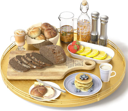 10-Inch Oak Lazy Susan Countertop Organizer with Black Metal Rail | Rotating oak tray organizes spices, toiletries and decor on kitchen counters, bathroom vanities, dining and coffee tables.