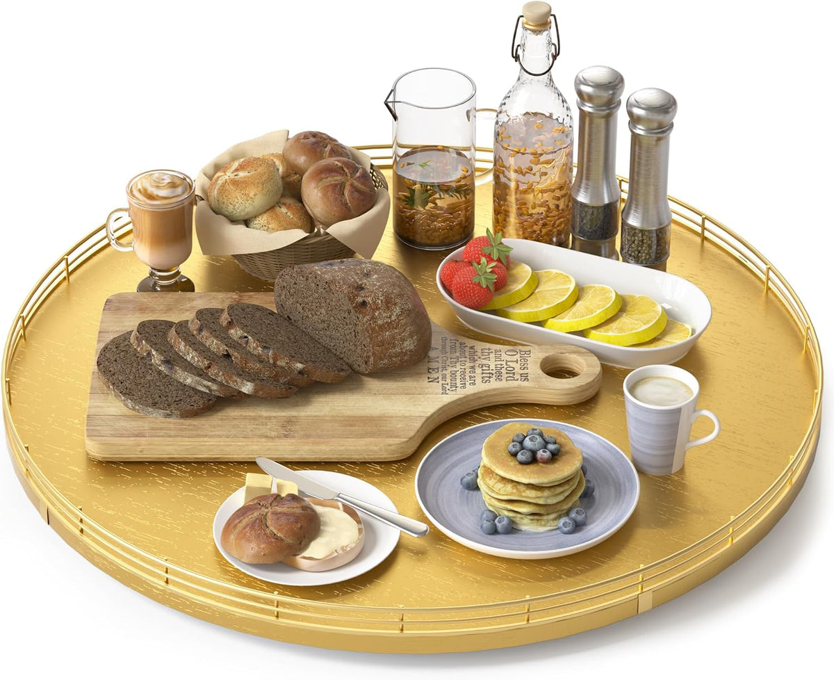 10-Inch Oak Lazy Susan Countertop Organizer with Black Metal Rail | Rotating oak tray organizes spices, toiletries and decor on kitchen counters, bathroom vanities, dining and coffee tables.