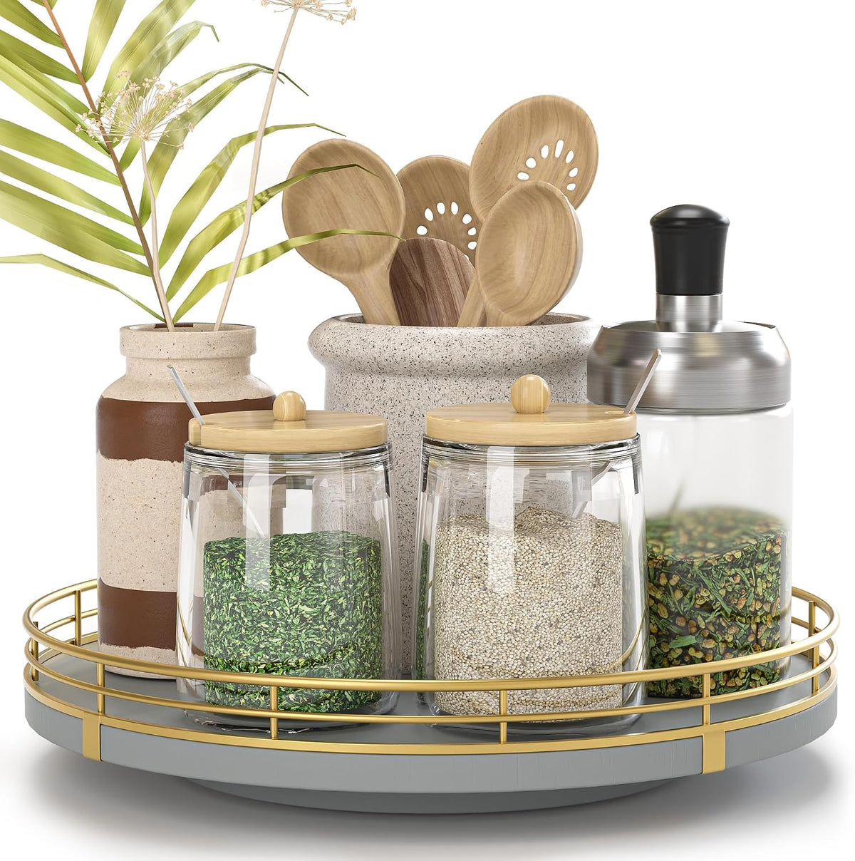 10-Inch Oak Lazy Susan Countertop Organizer with Black Metal Rail | Rotating oak tray organizes spices, toiletries and decor on kitchen counters, bathroom vanities, dining and coffee tables.