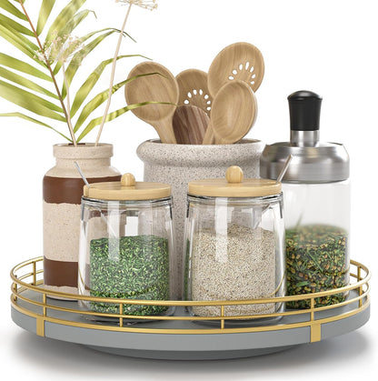 10-Inch Oak Lazy Susan Countertop Organizer with Black Metal Rail | Rotating oak tray organizes spices, toiletries and decor on kitchen counters, bathroom vanities, dining and coffee tables.