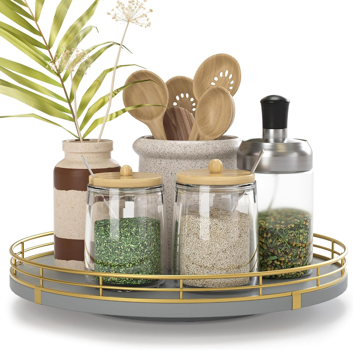 10-Inch Oak Lazy Susan Countertop Organizer with Black Metal Rail | Rotating oak tray organizes spices, toiletries and decor on kitchen counters, bathroom vanities, dining and coffee tables.
