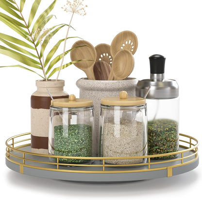 10-Inch Oak Lazy Susan Countertop Organizer with Black Metal Rail | Rotating oak tray organizes spices, toiletries and decor on kitchen counters, bathroom vanities, dining and coffee tables.