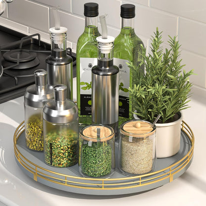 10-Inch Oak Lazy Susan Countertop Organizer with Black Metal Rail | Rotating oak tray organizes spices, toiletries and decor on kitchen counters, bathroom vanities, dining and coffee tables.