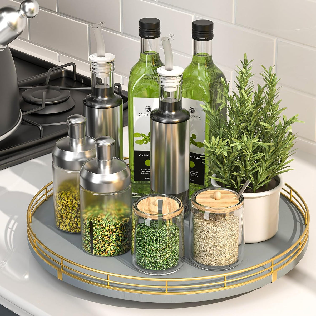 10-Inch Oak Lazy Susan Countertop Organizer with Black Metal Rail | Rotating oak tray organizes spices, toiletries and decor on kitchen counters, bathroom vanities, dining and coffee tables.