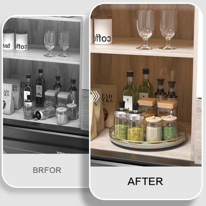 10-Inch Oak Lazy Susan Countertop Organizer with Black Metal Rail | Rotating oak tray organizes spices, toiletries and decor on kitchen counters, bathroom vanities, dining and coffee tables.