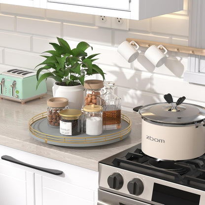 10-Inch Oak Lazy Susan Countertop Organizer with Black Metal Rail | Rotating oak tray organizes spices, toiletries and decor on kitchen counters, bathroom vanities, dining and coffee tables.