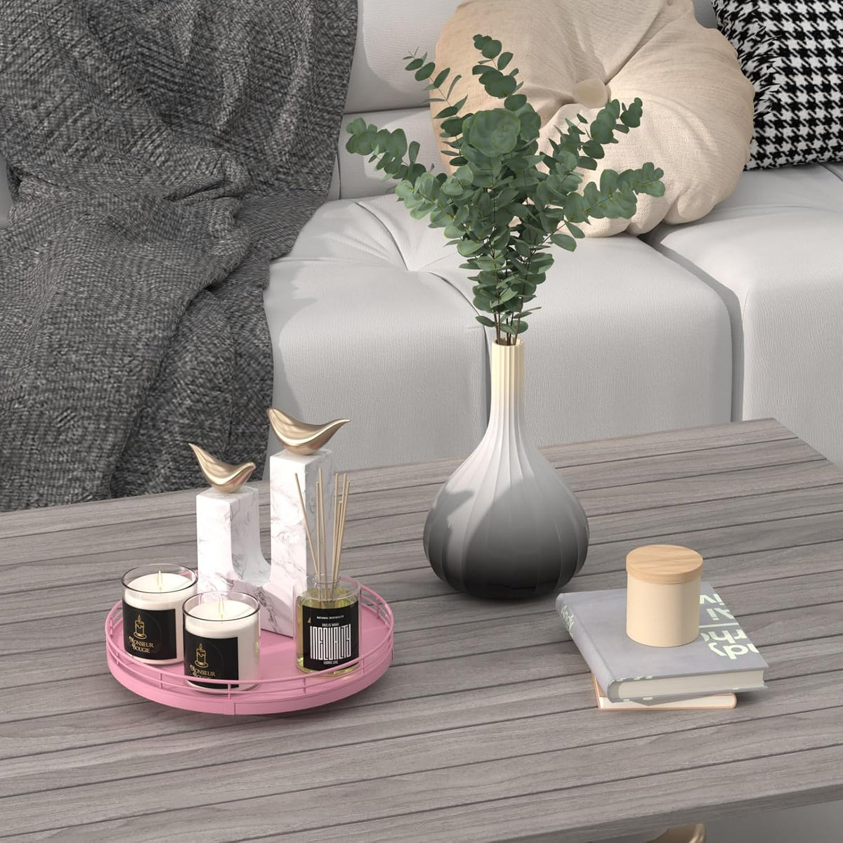10-Inch Oak Lazy Susan Countertop Organizer with Black Metal Rail | Rotating oak tray organizes spices, toiletries and decor on kitchen counters, bathroom vanities, dining and coffee tables.