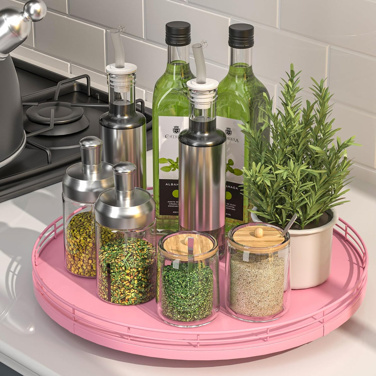 10-Inch Oak Lazy Susan Countertop Organizer with Black Metal Rail | Rotating oak tray organizes spices, toiletries and decor on kitchen counters, bathroom vanities, dining and coffee tables.