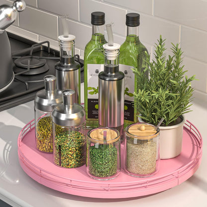 10-Inch Oak Lazy Susan Countertop Organizer with Black Metal Rail | Rotating oak tray organizes spices, toiletries and decor on kitchen counters, bathroom vanities, dining and coffee tables.