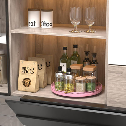 10-Inch Oak Lazy Susan Countertop Organizer with Black Metal Rail | Rotating oak tray organizes spices, toiletries and decor on kitchen counters, bathroom vanities, dining and coffee tables.