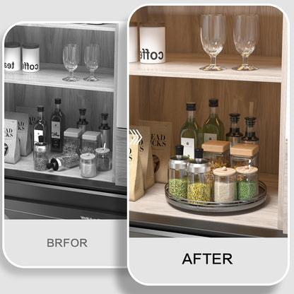 10-Inch Oak Lazy Susan Countertop Organizer with Black Metal Rail | Rotating oak tray organizes spices, toiletries and decor on kitchen counters, bathroom vanities, dining and coffee tables.