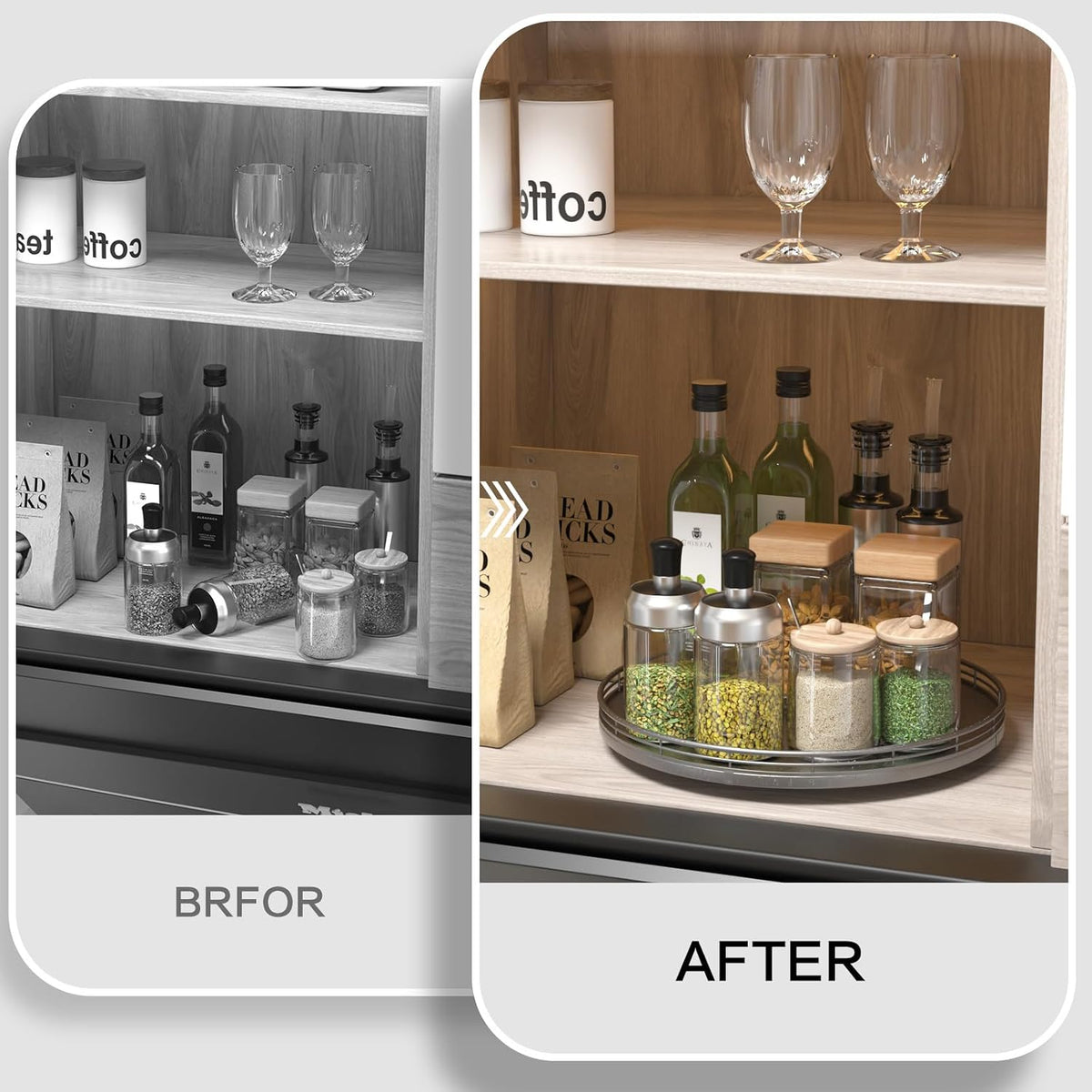 10-Inch Oak Lazy Susan Countertop Organizer with Black Metal Rail | Rotating oak tray organizes spices, toiletries and decor on kitchen counters, bathroom vanities, dining and coffee tables.
