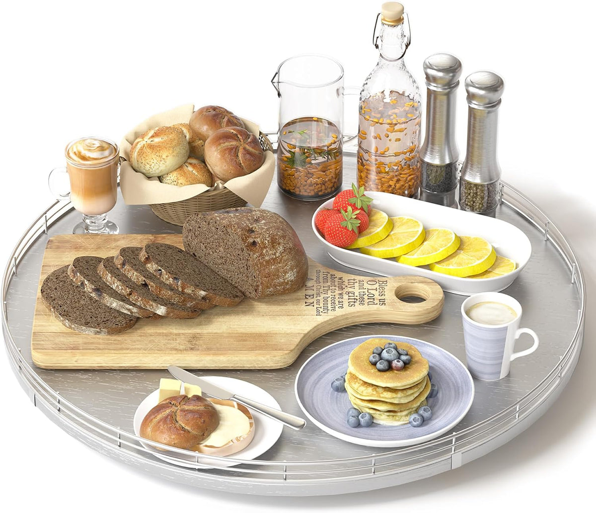 10-Inch Oak Lazy Susan Countertop Organizer with Black Metal Rail | Rotating oak tray organizes spices, toiletries and decor on kitchen counters, bathroom vanities, dining and coffee tables.