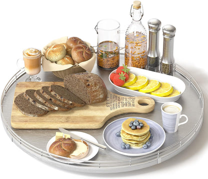 10-Inch Oak Lazy Susan Countertop Organizer with Black Metal Rail | Rotating oak tray organizes spices, toiletries and decor on kitchen counters, bathroom vanities, dining and coffee tables.