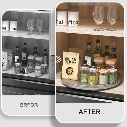 10-Inch Oak Lazy Susan Countertop Organizer with Black Metal Rail | Rotating oak tray organizes spices, toiletries and decor on kitchen counters, bathroom vanities, dining and coffee tables.