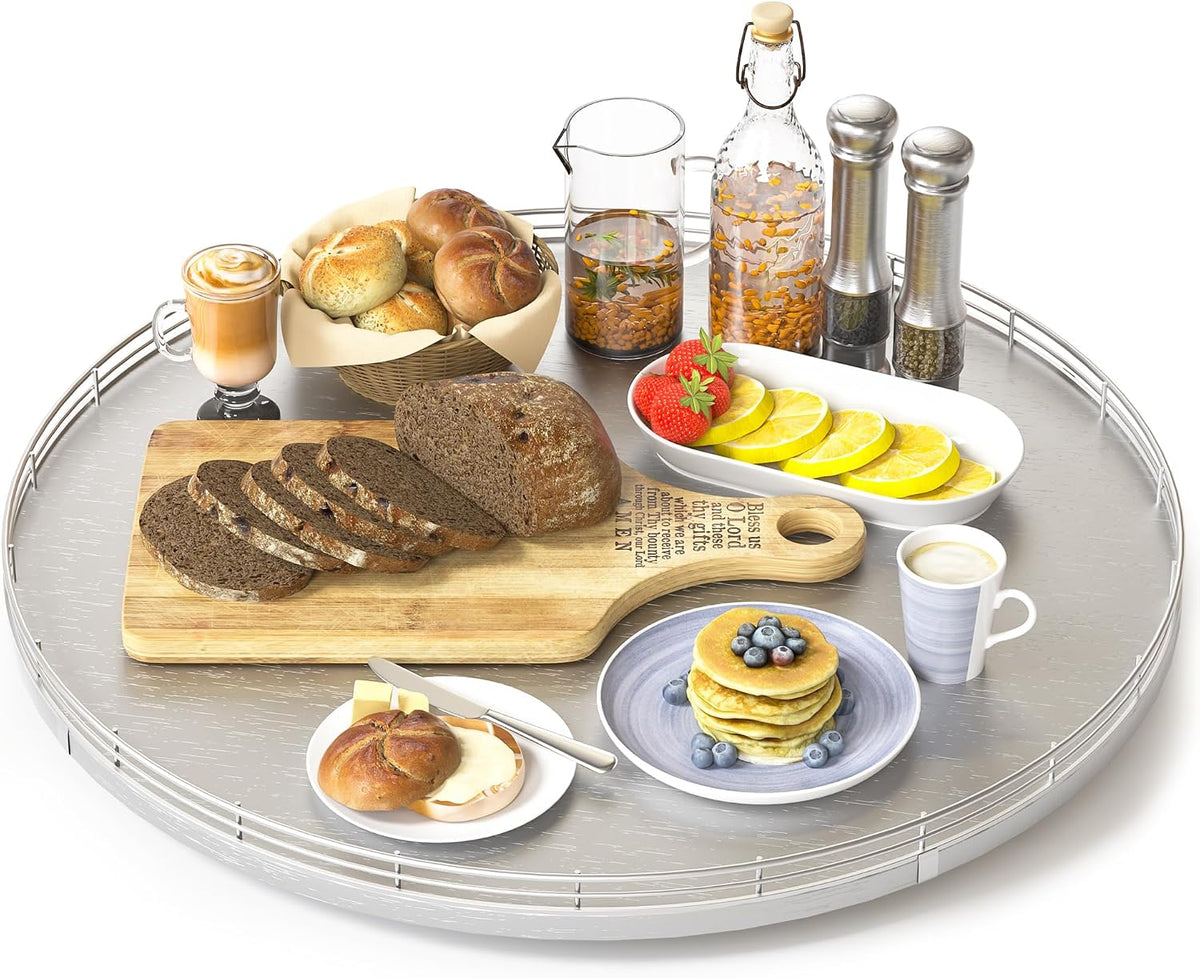 10-Inch Oak Lazy Susan Countertop Organizer with Black Metal Rail | Rotating oak tray organizes spices, toiletries and decor on kitchen counters, bathroom vanities, dining and coffee tables.