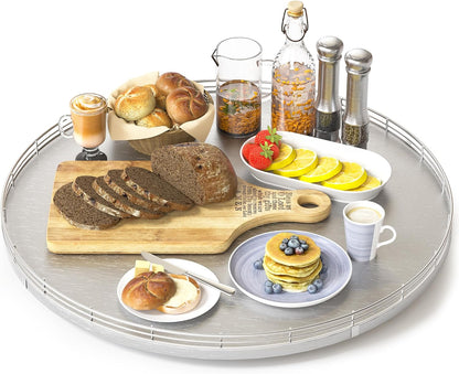10-Inch Oak Lazy Susan Countertop Organizer with Black Metal Rail | Rotating oak tray organizes spices, toiletries and decor on kitchen counters, bathroom vanities, dining and coffee tables.