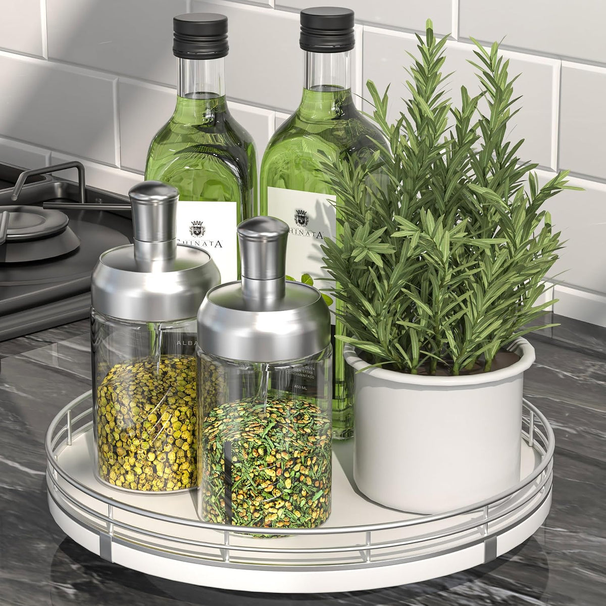 10-Inch Oak Lazy Susan Countertop Organizer with Black Metal Rail | Rotating oak tray organizes spices, toiletries and decor on kitchen counters, bathroom vanities, dining and coffee tables.