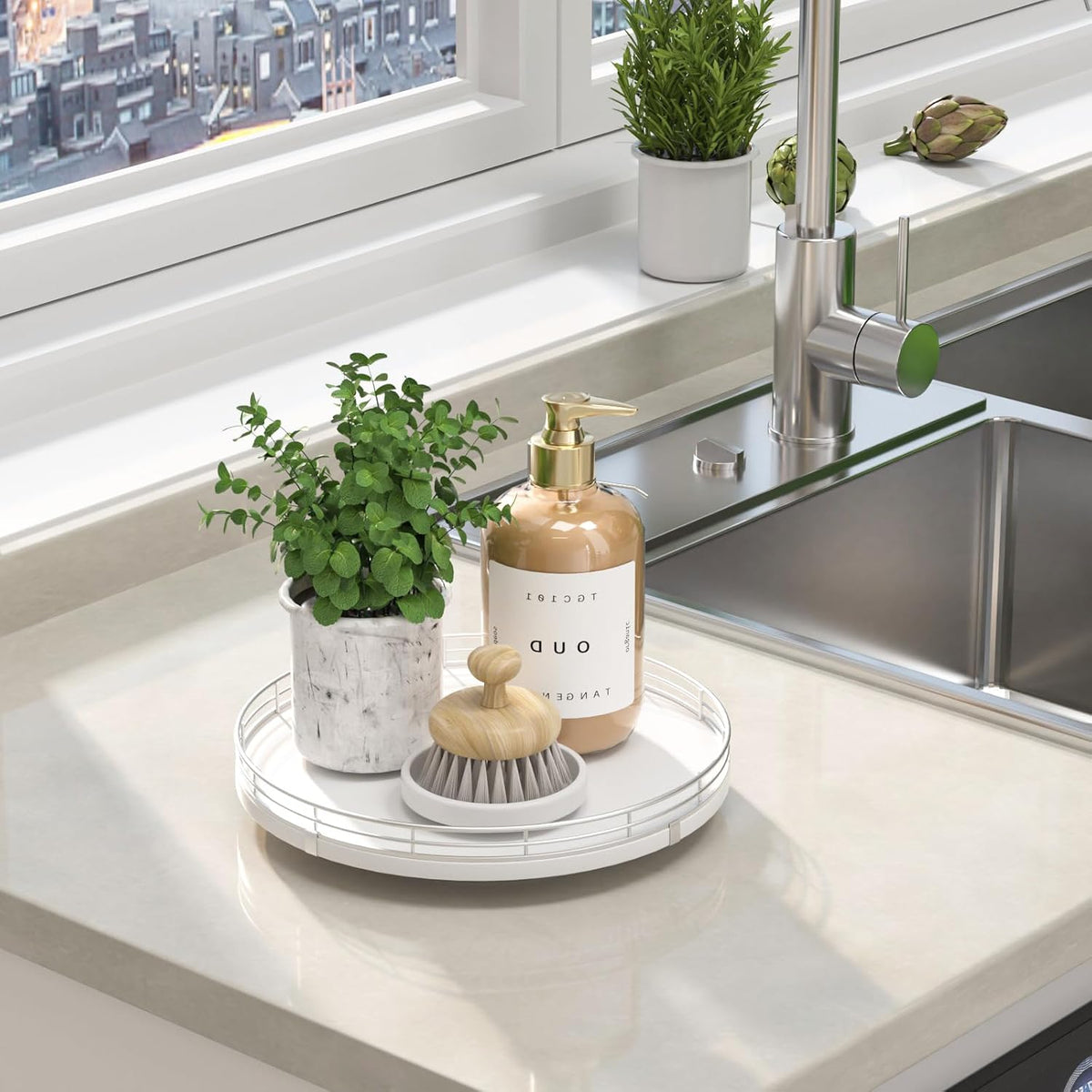 10-Inch Oak Lazy Susan Countertop Organizer with Black Metal Rail | Rotating oak tray organizes spices, toiletries and decor on kitchen counters, bathroom vanities, dining and coffee tables.