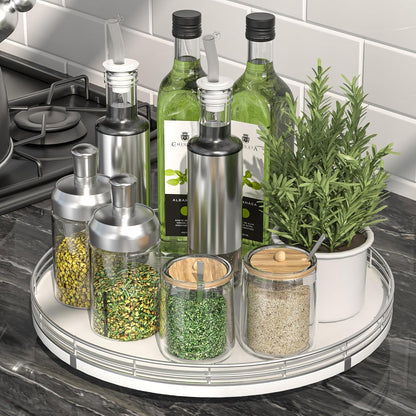 10-Inch Oak Lazy Susan Countertop Organizer with Black Metal Rail | Rotating oak tray organizes spices, toiletries and decor on kitchen counters, bathroom vanities, dining and coffee tables.