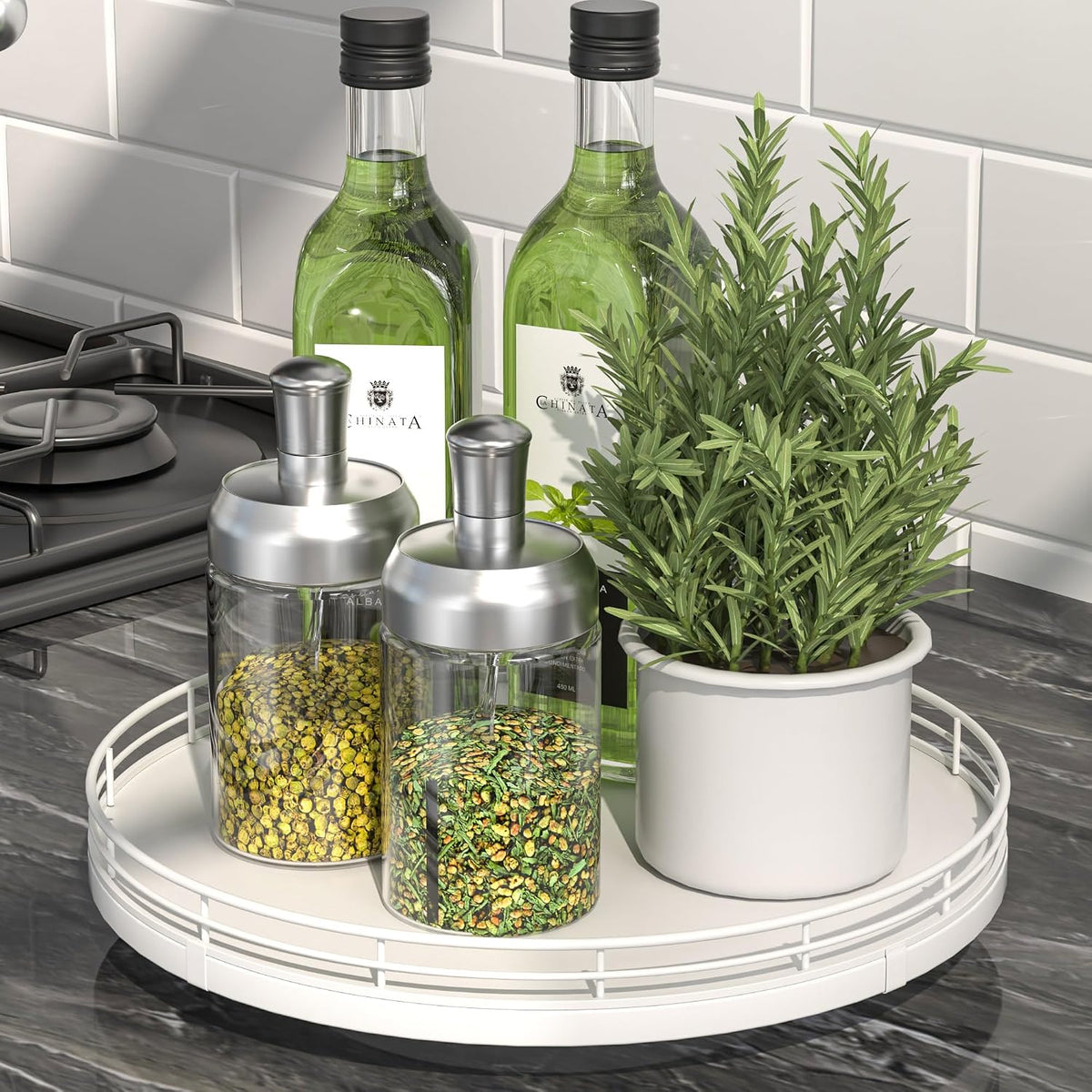 10-Inch Oak Lazy Susan Countertop Organizer with Black Metal Rail | Rotating oak tray organizes spices, toiletries and decor on kitchen counters, bathroom vanities, dining and coffee tables.