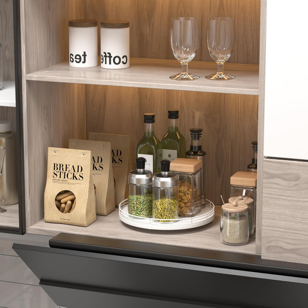 10-Inch Oak Lazy Susan Countertop Organizer with Black Metal Rail | Rotating oak tray organizes spices, toiletries and decor on kitchen counters, bathroom vanities, dining and coffee tables.
