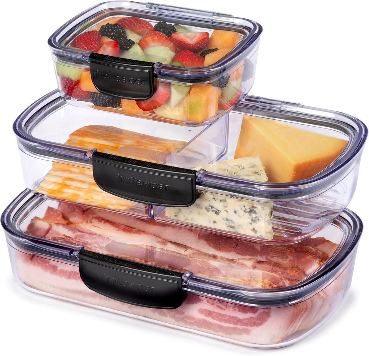 Progressive Prokeeper + Deli Storage Set: Air-Tight Silicone Sealed Containers w Grooved Bottom, Dry Erase Lid, BPA-Free, Stackable, Keeps Meats & Cheeses Fresh Longer, 3-Piece Set (1.65L, .69L, 1.6L)