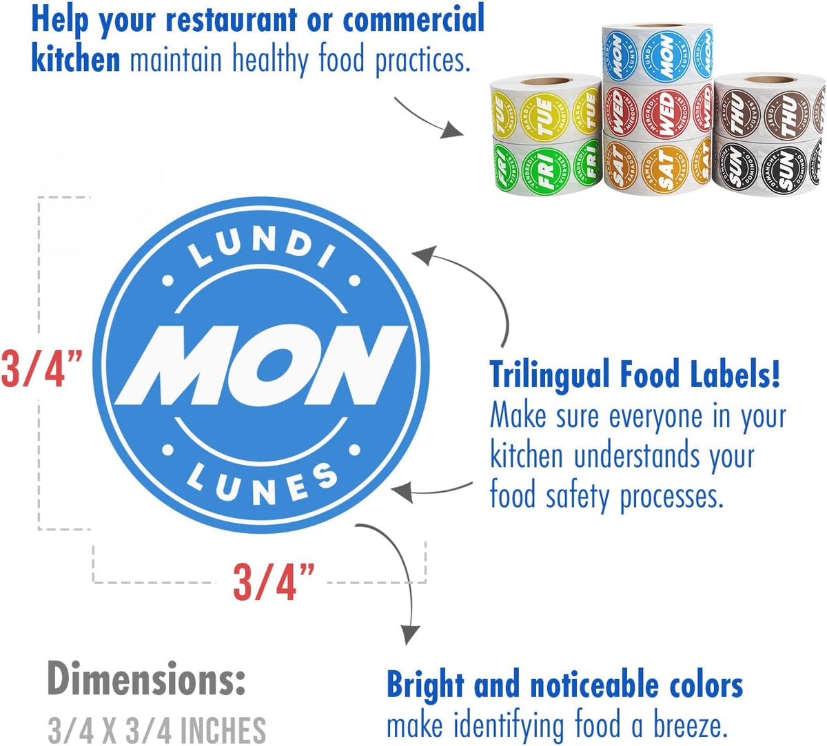 Day of Week Labels for Restaurant, 7000 Day Dots, Food Date Stickers 3/4 in
