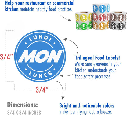 Day of Week Labels for Restaurant, 7000 Day Dots, Food Date Stickers 3/4 in
