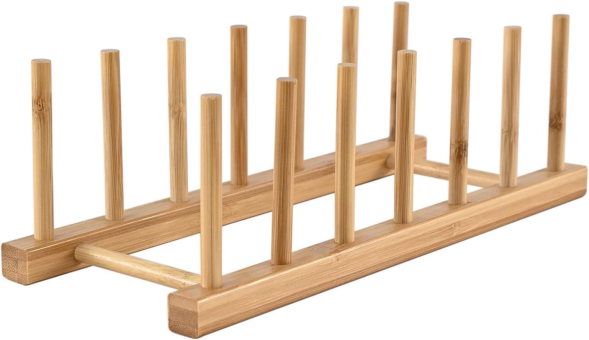 Bamboo Wooden Dish Rack, Vertical Plate & Lid Organizer