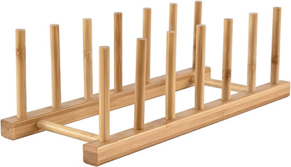 Bamboo Wooden Dish Rack, Vertical Plate & Lid Organizer