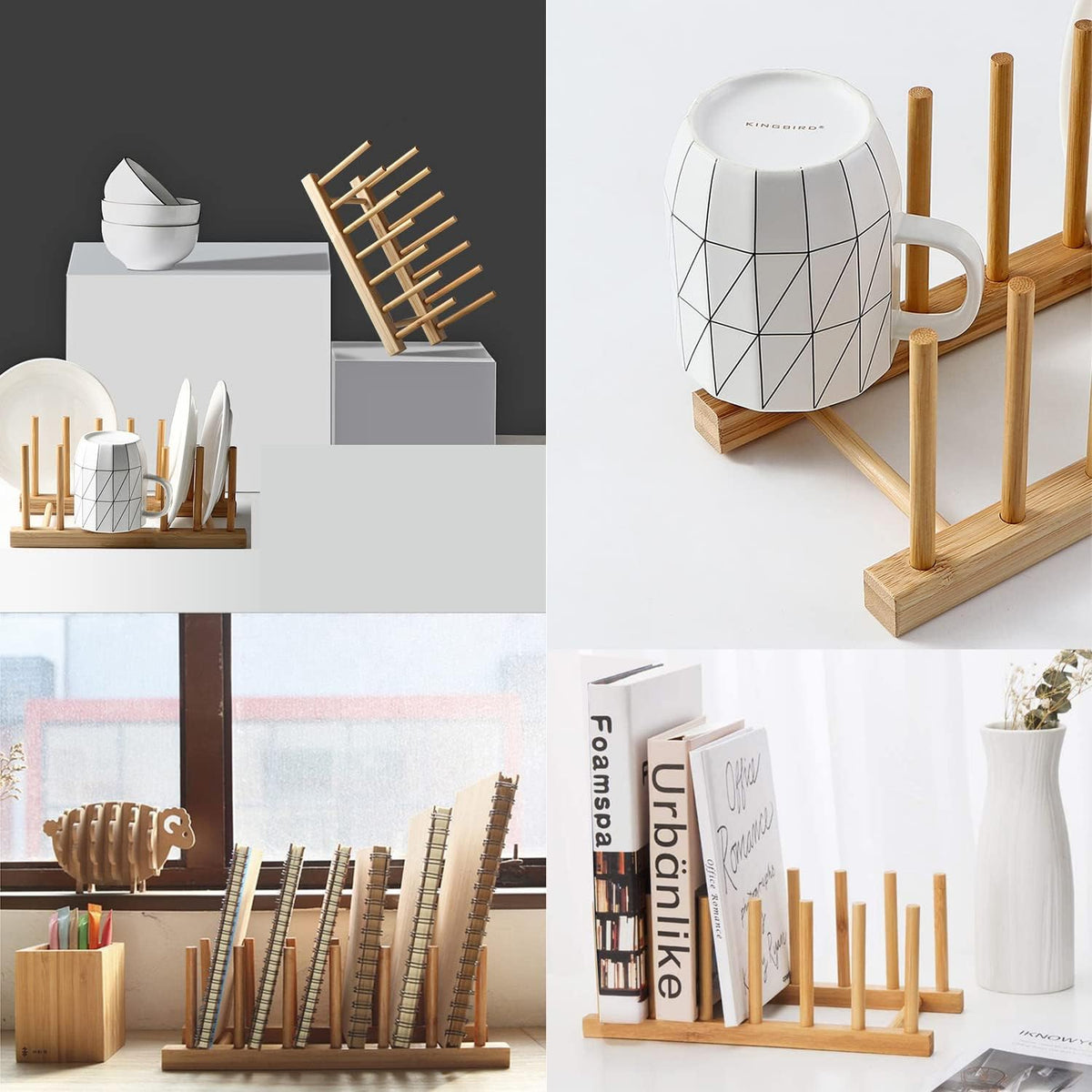 Bamboo Wooden Dish Rack, Vertical Plate & Lid Organizer