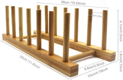 Bamboo Wooden Dish Rack, Vertical Plate & Lid Organizer