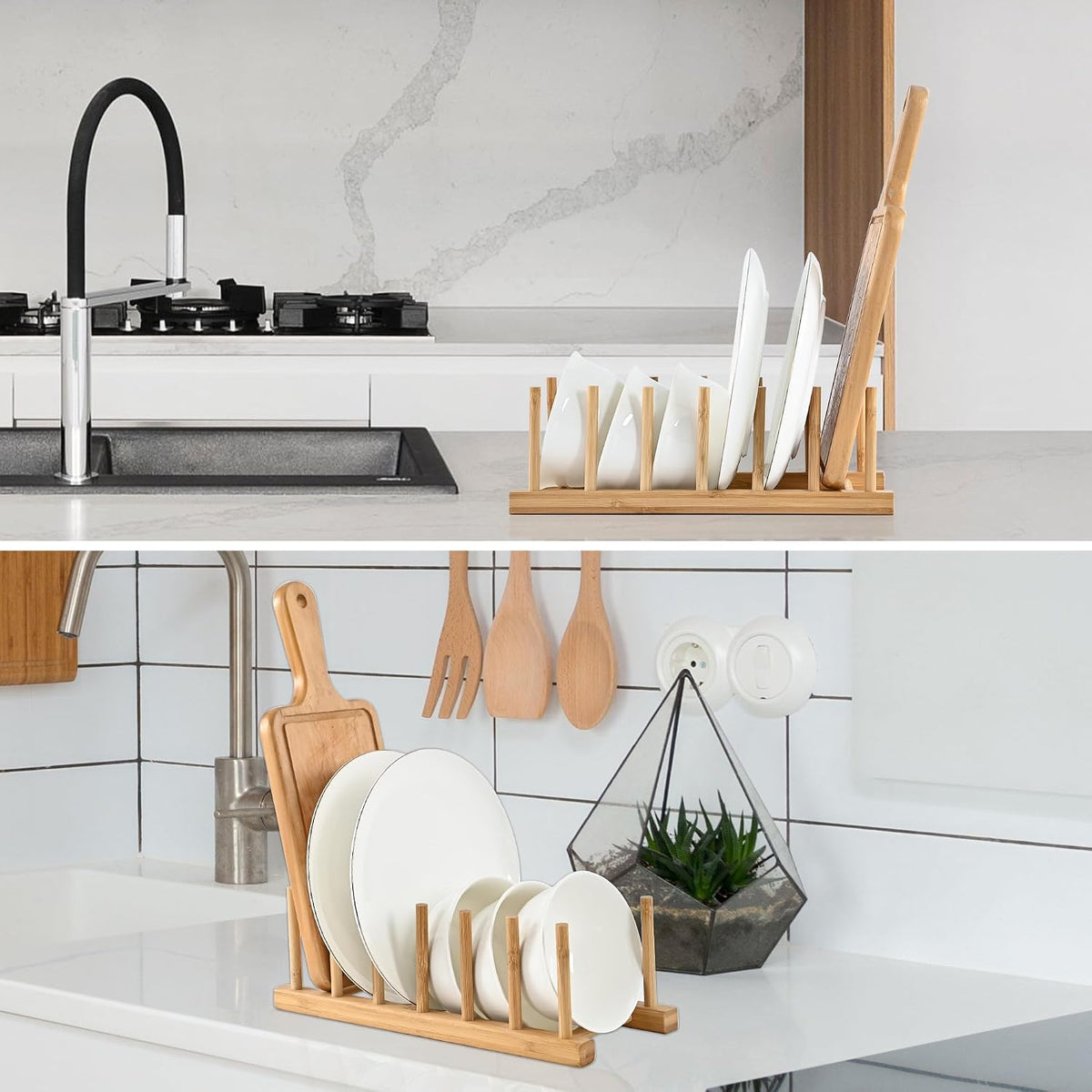 Bamboo Wooden Dish Rack, Vertical Plate & Lid Organizer