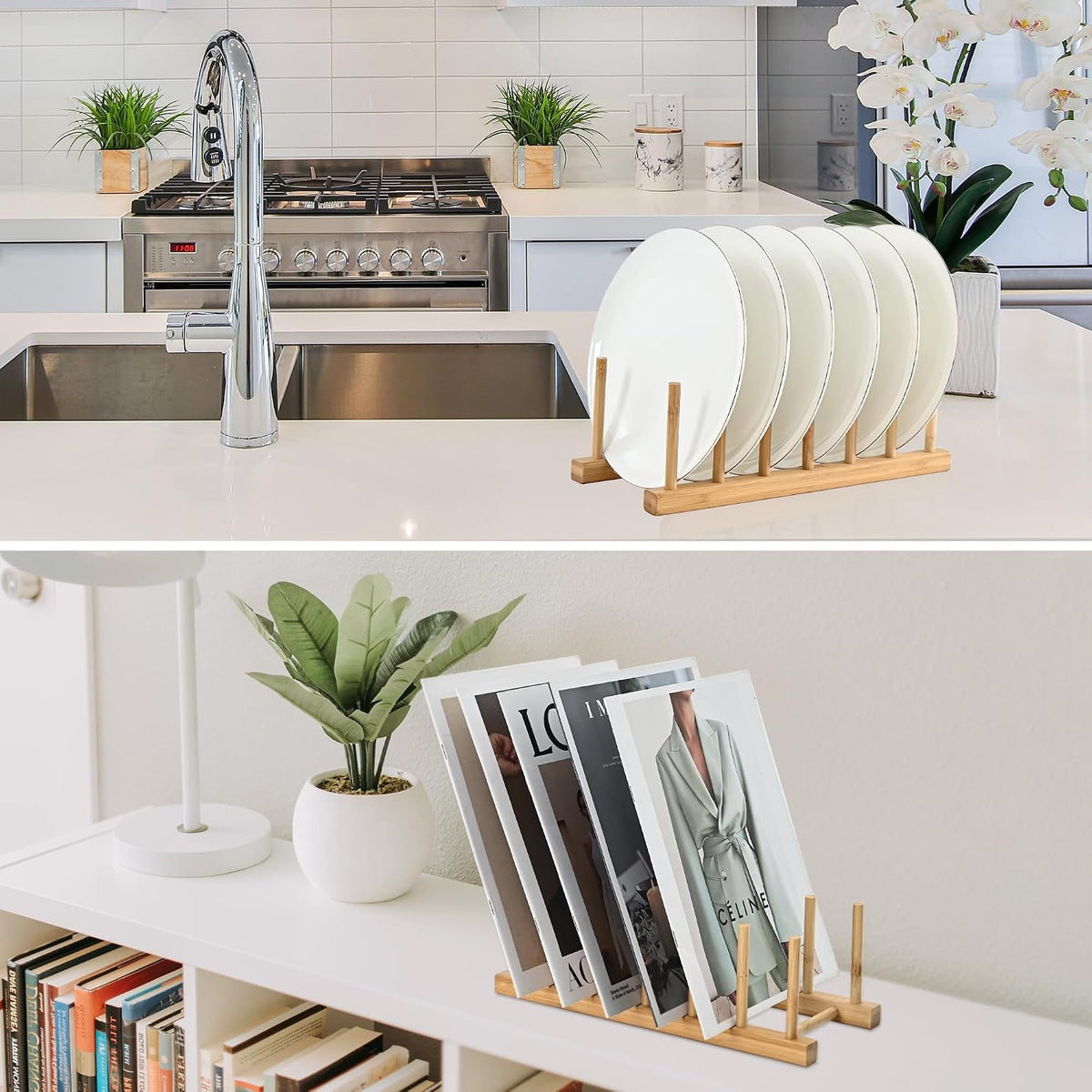 Bamboo Wooden Dish Rack, Vertical Plate & Lid Organizer