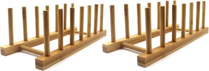 Bamboo Wooden Dish Rack, Vertical Plate & Lid Organizer
