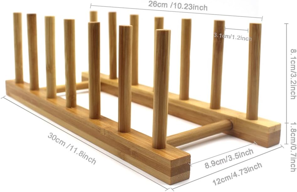 Bamboo Wooden Dish Rack, Vertical Plate & Lid Organizer