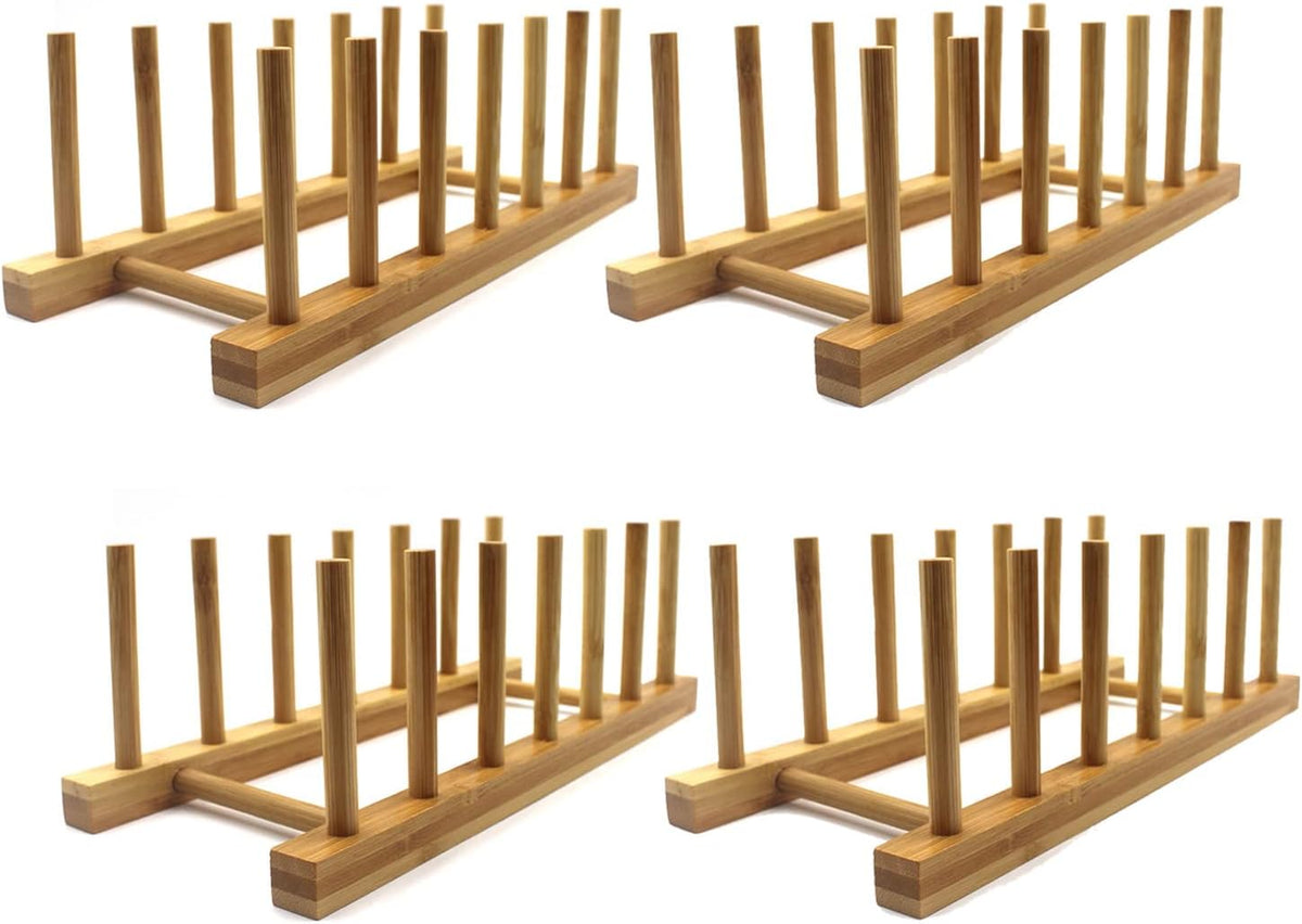 Bamboo Wooden Dish Rack, Vertical Plate & Lid Organizer