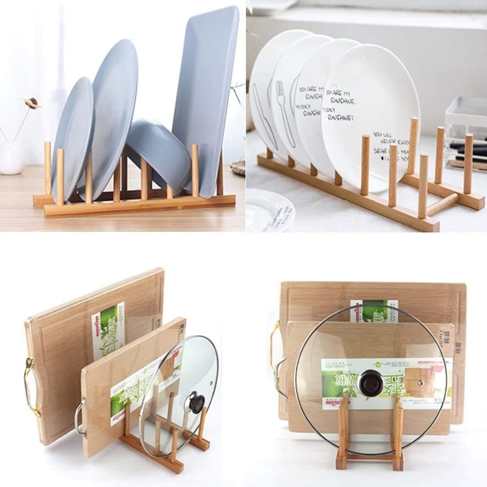 Bamboo Wooden Dish Rack, Vertical Plate & Lid Organizer
