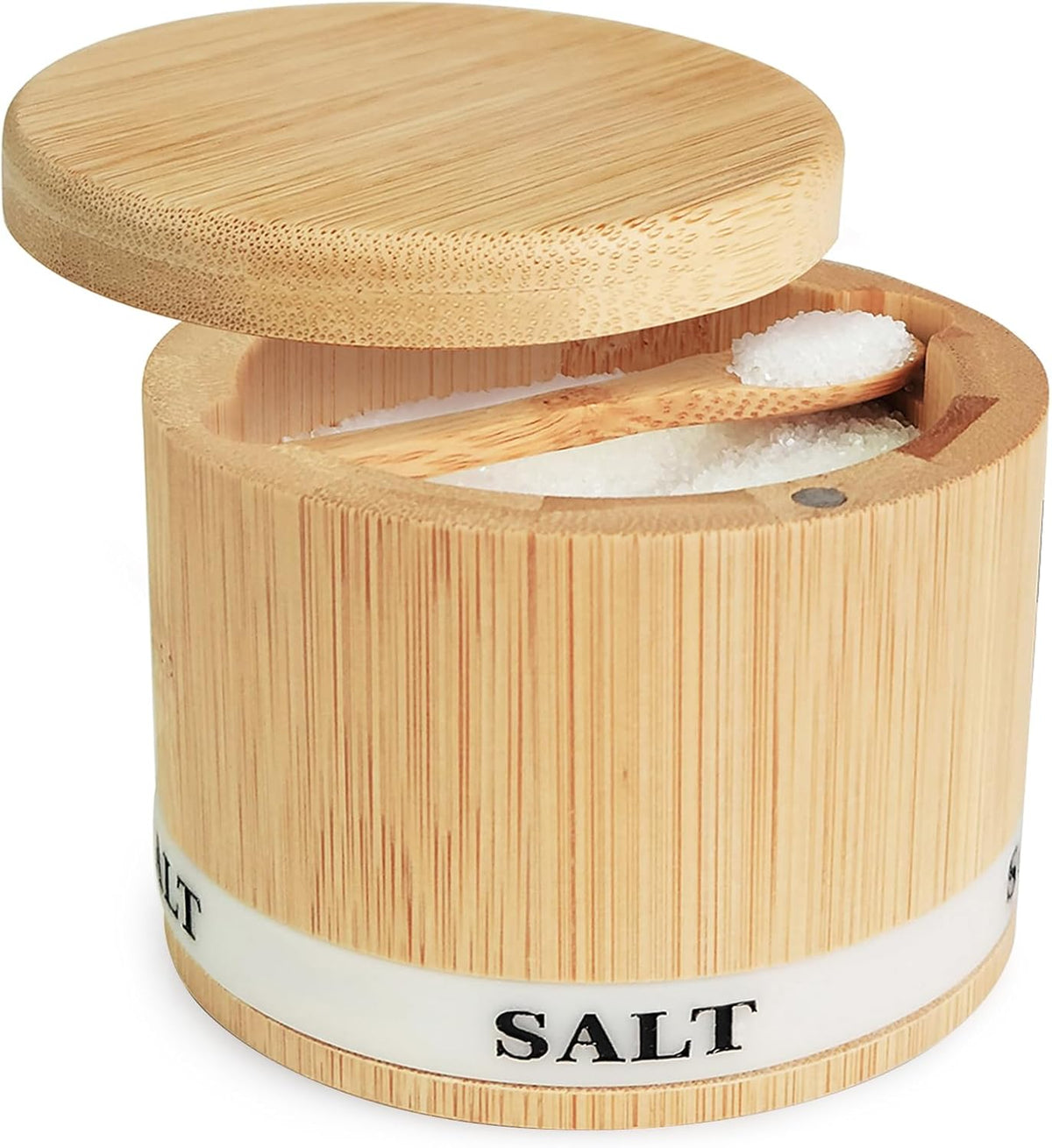 Salt Cellar with Lid, Bamboo Salt Container for Countertop | Salt Box with Built-in Spoon and Divider, Luminous SALT Label Holder, 13oz Kitchen Salt Bowl for Sea Salt Pepper and Spice