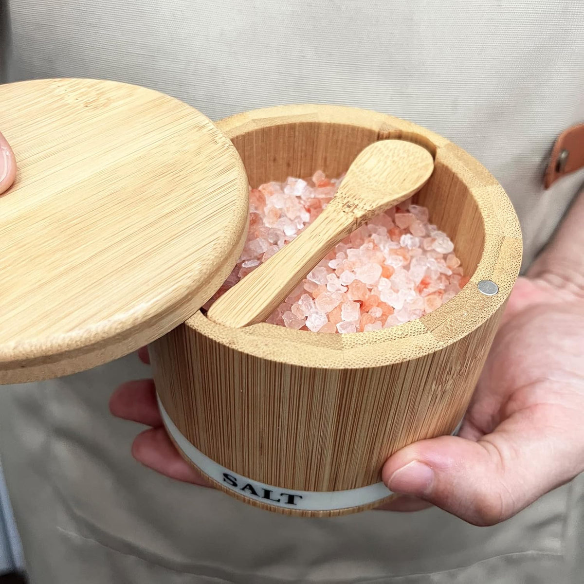 Salt Cellar with Lid, Bamboo Salt Container for Countertop | Salt Box with Built-in Spoon and Divider, Luminous SALT Label Holder, 13oz Kitchen Salt Bowl for Sea Salt Pepper and Spice